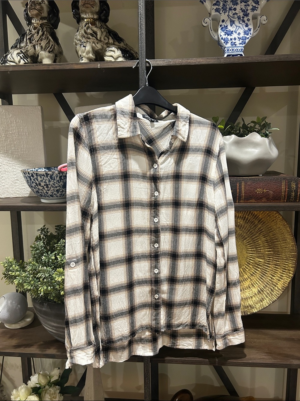 Women’s Dear John XS Plaid Button-Up Shirt - Beige, Black & Cream